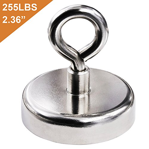 DIYMAG Super Strong Neodymium Fishing Magnets, 255 LBS(115 KG) Pulling Force Rare Earth Magnet with Eyebolt Diameter 2.36 INCH(60 mm) for Retrieving in River and Magnetic Fishing