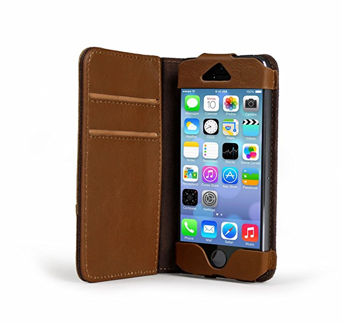 Bear Motion (TM) Luxury Denim + 100% Genuine Buffalo Hide Leather Wallet Folio Case for iPhone 5 / 5S - Brown