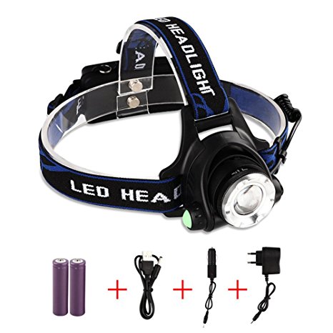 LED Headlamp Flashlight,Snorda Zoomable 3 modes Bright Hands-free Led Headlamp rechargeable, Life Waterproof Helmet with Rechargeable Batteries, Car Charger, Wall Charger and USB Cable .