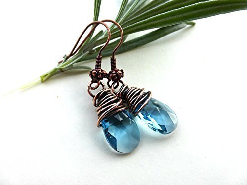 Aquamarine Swarovski Crystal and copper wire wrapped earrings. Handmade jewelry, jewellery. Small earrings, 16mm. Fashion, Accessories.Bohemian, boho, Victorian. March birthstone color.