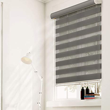 CHICOLOGY Free-Stop Cordless Zebra Roller Shades, Dual Layer Combi Window Blind, Striped Granite (Dual Layer & Privacy) - 33" W X 72" H