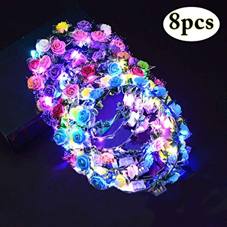 LED Flower Crown, Coxeer Led Flower Wreath Headband Luminous 10 Led Flower Headpiece Flower Headdress for Girls Women Wedding Festival Holiday Christmas Halloween Party (8PCS)