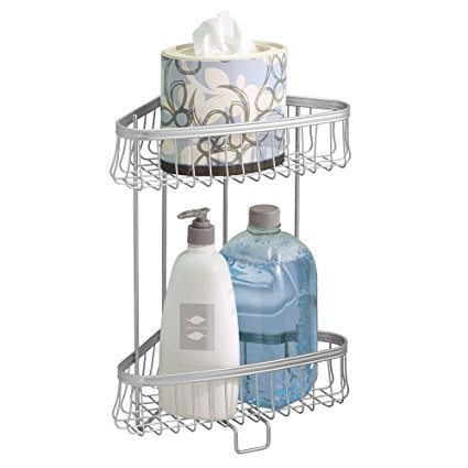 mDesign Free Standing Bathroom or Shower Corner Storage Shelves for Towels, Soap, Shampoo, Lotion, Accessories - 2 Tier, Silver