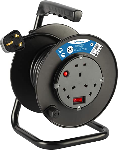Electraline 849237 13A Cable Reel with 25M Extension Lead, 13A 3 Way Socket, with ON/Off Power Switch, Thermal Cut Out and Ergonomic Thermoplastic Handle