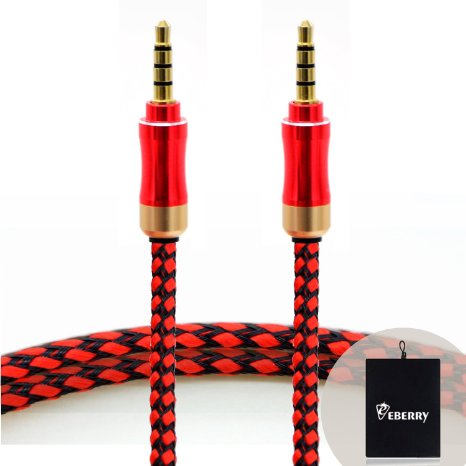 eBerry A04 35mm Male to Male Audio Cable Special Color Contrast High Quality Nylon Fiber Cloth Foil Shielded Slim Waist Connector Shell Audio Aux Cable Car and Home Auxiliary Stereo Jack Cable Cord 46ft14m  Black Microfiber Storage Pouch Carrying Bag for Apple iPad iPhone iPod Samsung Galaxy Android Phone Tablet  MP3 Players Red Connectors