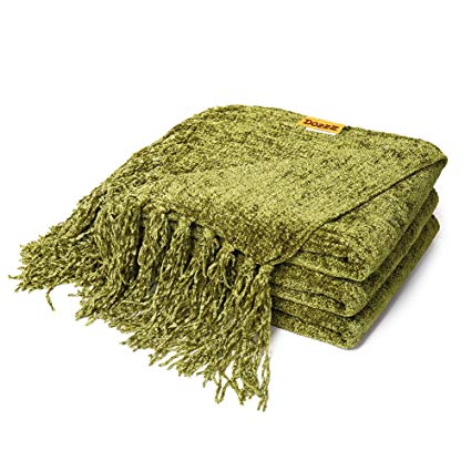 DOZZZ Fluffy Chenille Knitted Throw Blanket With Decorative Fringe and Striped For Home Décor Bed Sofa Couch Chair