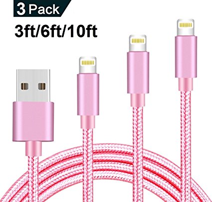 Lightning Cable , For iPhone Charger 3 Pack 3FT 6FT 10 FT Nylon Braided USB Sync Data and Charging Cable Cord Connect to Charger Compatible with Pad, iPod, iPhone X / 8 / 8 Plus / 7 / 7 Plus / 6 / 6s / 6 Plus / 6s Plus ( Pink)