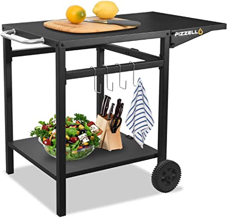 PIZZELLO Outdoor Grill Dining Cart Movable Pizza Oven Trolley BBQ Stand Double -Shelf Outdoor Worktable with 2 Wheels and 4 Hooks