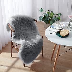 Small Faux Fur Rug, 2x4 ft Ultra Soft Sheepskin Rug Chair Sofa Cover Seat Pad, Grey Fluffy Shag Rug for Bedroom Nursery Kids Room, Gray Shaggy Rug Fuzzy Plush Floor Carpets, Cute Dorm Home Decor