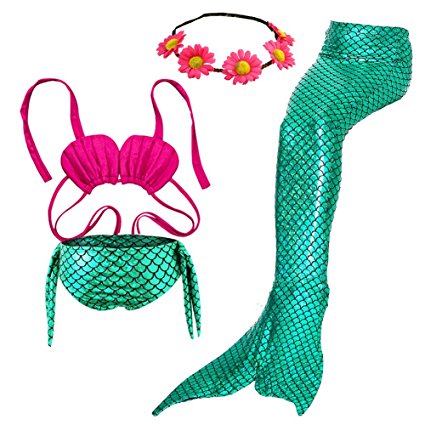 Camlinbo 3PCS Girls' Swimsuit Mermaid Tail For Swimming Tropical Bikini Halloween Christmas Gift Masquerade Pool Party