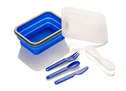 SE STW600-BL Large Collapsible Silicon Food Container (6.75" x 5") with Utensils