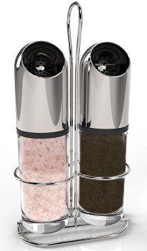 Royal Polished Stainless Steel and Glass Salt and Pepper Grinder Mill Set - 3-Piece Set Includes Stainless Steel Stand with 2 Tall 6 Oz Grinders - Dual Function with Coarse and Fine Grinding