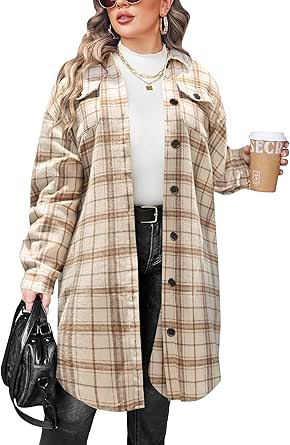 IN'VOLAND Womens Plus Size Flannel Plaid Shirts Long Sleeve Lounge Lapel Boyfriend Button Down Tartan Long Jacket Coats