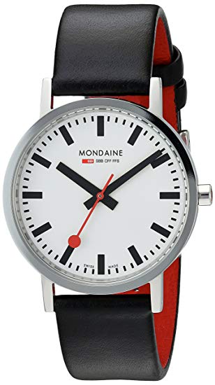 Mondaine Official Swiss Railways Watch Classic Women's/ Men's Watch, Quartz with Black Leather Strap and Red Lining