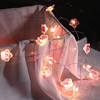 6.6 ft 20 LEDs Flower String Lights Fairy Cherry Blossom String Lights Wire Battery Powered String Lights for Valentine's Day Wedding Nursery Girls Bedroom Decoration (Pink)