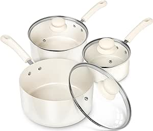 MICHELANGELO Saucepan Sets Non Stick with Lids, Ceramic Saucepans Set 14cm/18cm/20cm with Nonstick Coatings, PFAS-FREE Small Saucepan Sets, Multipurpose Cooking Pots, White