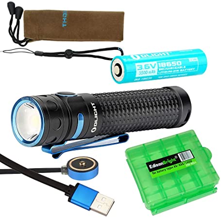 Olight Baton Pro 2000 lumen pocket EDC LED flashlight, rechargeable battery with EdisonBright charging cable carry case bundle