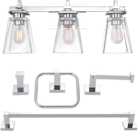 Globe Electric 51413 Yorke 5-Piece All-in-One Bathroom Set, 3 Vanity Light Shades, Bar, Towel Ring, Robe Hook, Toilet Paper Holder, Chrome with Clear Glass