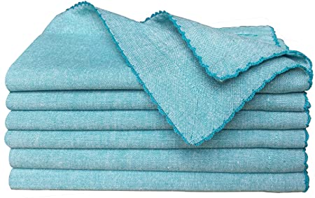 CottonLin Chambray Dinner Cloth Napkins Teal White (Set of 6) 100% Cotton (18"x18") with Picotted Edges Detailing for Family Dining, Everyday Use, Special Occasions, Farmhouse, Christmas, Home Décor