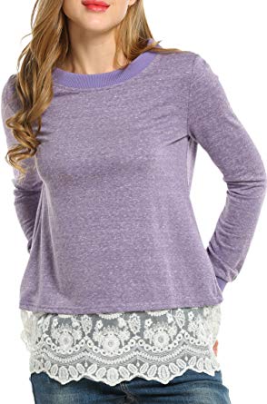 ACEVOG Women Button Back Lace Patchwork Long Sleeve Asymmetrical Hem Blouse Tops