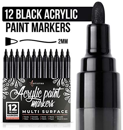 Black Paint pens for Rock Painting, Stone, Ceramic, Glass. Set of 12 Black Acrylic Paint Markers Medium tip