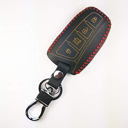 Coolbestda Leather Key Fob Remote Skin Cover Case Jacket Keyless Entry for Hyundai Santa Fe IX45 Genesis Equus Smart 4 Buttons Key