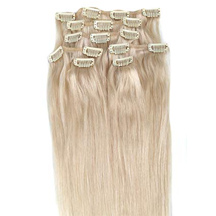 Blonde Hair Extensions, Grammy 15 Inch 7pcs Remy Clips in Human Hair Extensions 70g with Clips for Highlight(15inch, 60 Platinum Blonde)