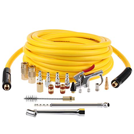 Hromee 3/8 Inch x 25FT Hybrid Air Compressor Hose with 19 Piece Air Blow Gun and Air Compressor Accessories Kit, 1/4 Inch NPT Quick Connect Air Hose Fittings, Tire Gauge and Wire Brush
