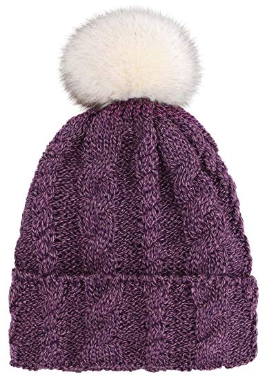ARCTIC Paw Braided Heather Cable Knit Beanie with Faux Fur Pompom