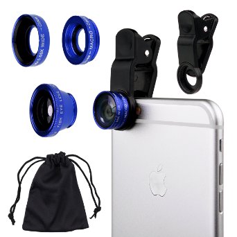 CamKix Universal 3 in 1 Cell Phone Camera Lens Kit for Smartphones including - Fish Eye Lens  2 in 1 Macro Lens and Wide Angle Lens  Universal Clip  Carry Pouch  Microfiber Cleaning Clothblue