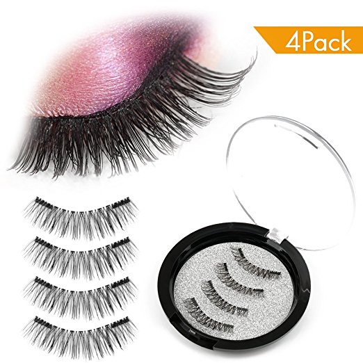 Magnetic False Eyelashes,AOFU 3D Fiber Reusable Lashes Extension,Long Lasting Natural and Bushy Professional Eye Lash (4 Pcs) (Black)