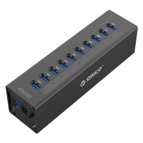 ORICO 10 Port Aluminum HUB with 12V3A Power Adapter and 3.3Ft. USB3.0 Cable - Black(A3H10)