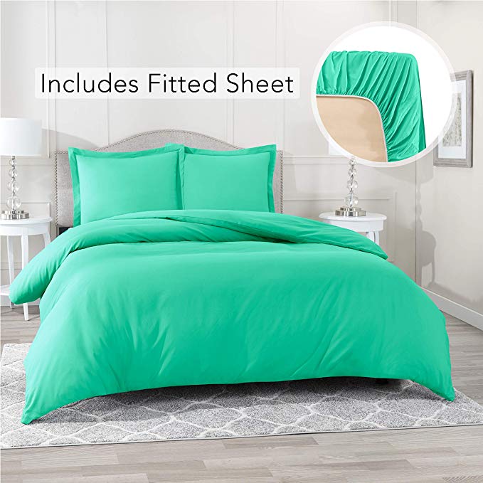 Nestl Bedding Duvet Cover with Fitted Sheet 3 Piece Set - Soft Double Brushed Microfiber Hotel Collection - Comforter Cover with Button Closure, Fitted Sheet, 1 Pillow Sham, Twin XL - Mint