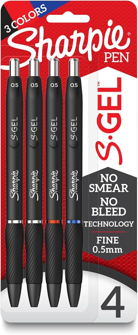 SHARPIE® S Gel Pens, Fine Point, 0.5 mm, Black Barrels, Assorted Ink, Pack Of 4 Pens