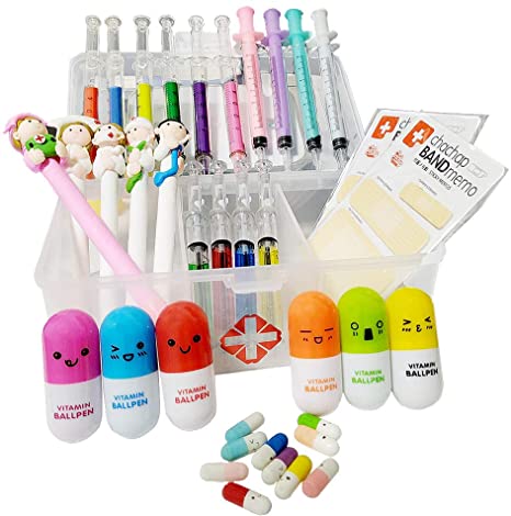 SunAngel 6 Syringe Highlighter Pens 6 Vitamin Pill Pens 4 Syringe Pens 4 Syringe Ballpoint Pens  5 Nurse Pens/Polymer Clay Ballpoint Pens, And 10 DIY capsules &2 Bandage Sticky Notes For Nurse