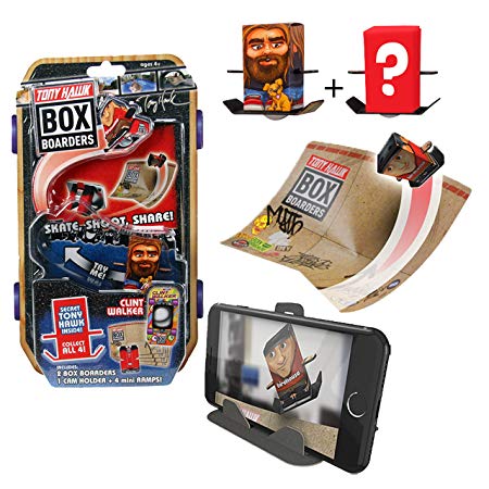 Tony Hawk Box Boarders Action Pack - Clint Walker and Mystery Tony Hawk Figure - Includes 2 Skaters, 4 Trick Ramps and 1 Camera Holder - Skate, Shoot, Share! - Ages 4