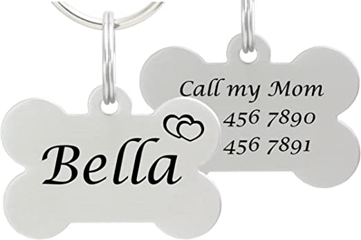 io tags Double Sided Laser Etched Stainless Steel Pet ID Tag for Dog Engraved and Personalized Bone Shape (Hearts)