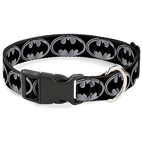 Buckle-Down Plastic Clip Collar - Batman Shield Black/Silver - 1/2" Wide - Fits 9-15" Neck - Large