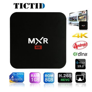 TICTID MXR 4K Quad Core Android Tv Box RK3229 with 1G 8G Wifi Kodi 15.2 Fully Loaded Support 4K 10-bit 60fps H.265 Video Decoder LAN Miracast Video Playback Streaming Media Player