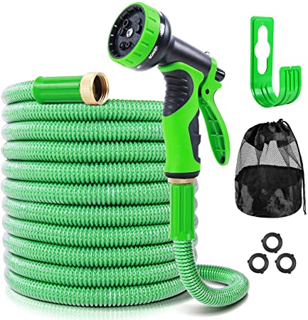 Ohuhu Garden Hose 100 FT with 9 Function Spray Nozzle, 2021 New Expandable Water Hose 3-Layer Leakproof Flexible Hoses with Brass Connector, Lightweight No-Kink Yard RV Hose with Holder & Storage Bag