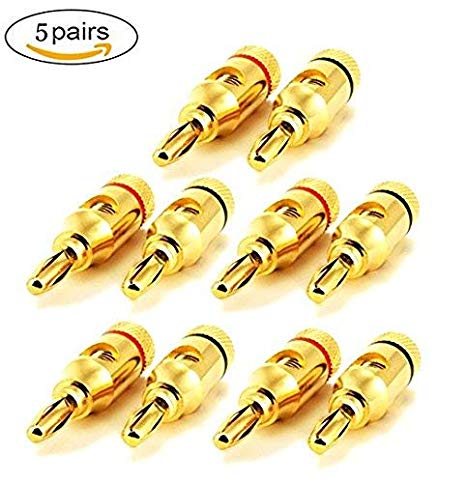 Wakaka 5 Pairs 24K Gold Nakamichi Speaker Banana Plugs Audio Jack Connector for Speaker Cable, Open Screw Type, Black and Red
