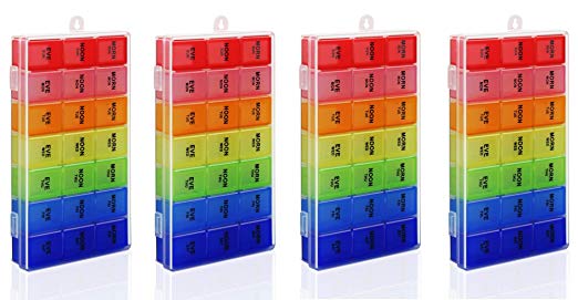 Rainbow Weekly Pill Organizer with Snap Lids| 7-day AM/PM | Detachable Compartments for Pills, Vitamin. (Rainbow 4pcs)