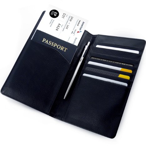 Beurling Leather Travel Wallet and Passport Holder - RFID Blocking Case Cover - Comfortably Holds Passport Business Cards Credit Cards Coupons Boarding Passes and Notes