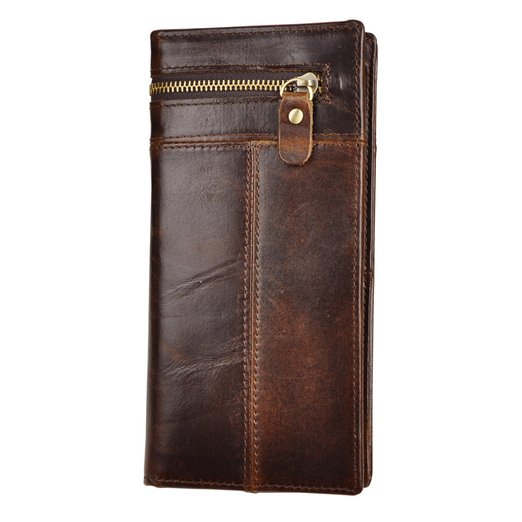 Leaokuu Mens Genuine Leather Organizer Checkbook Card Case Bifold Wallet with Zipper Pocket