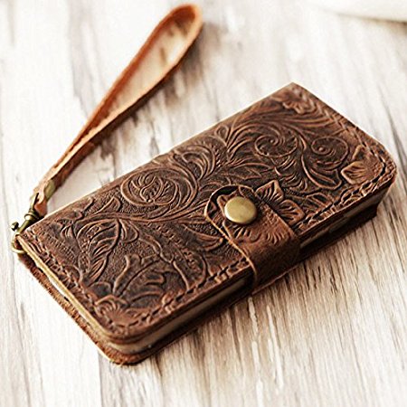Genuine Italian Leather Case for iPhone 8 / iPhone 7（4.7 inch）Wallet Case Handmade Luxury Retro classic cover slim Wristlet Tooled Flower Brown