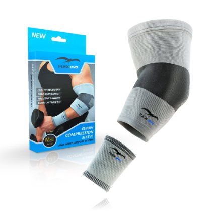 Flex Evo Elbow Compression Sleeve & Wristband SUMMER SALE! Limited time! - Recovery Brace For Joint Pain Relief, Tendonitis, Bursitis, Tennis & Golfers Elbow Treatment - Firm Support For Any Activity!