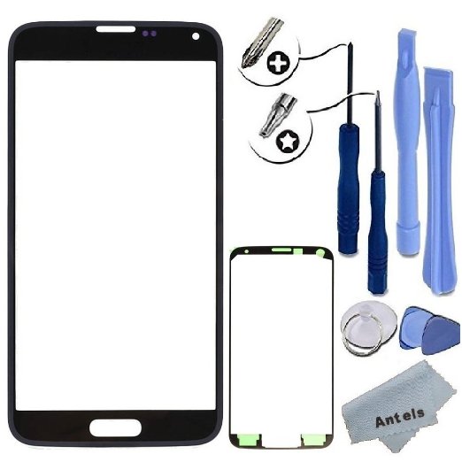 Antels Front Outer Glass Lens Screen Replacement For Samsung Galaxy S5  Tools Kit   Adhesive Tape   Cloth   FREE SCREEN PROTECTOR (Black)