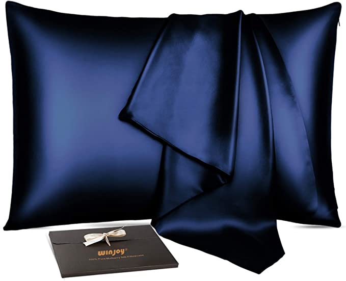 Winjoy Silk Pillowcase for Hair and Skin,22 Momme 100% Natural Mulberry Silk Pillowcases with Hidden Zipper,Soft Breathable Both Sides Pure Silk,1Pack (Navy, Standard)