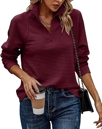 BTFBM Womens 2024 Fall Fashion Quarter Zip Sweatshirts Half Zip Casual Long Sleeve Solid Color V Neck Pullover Tops