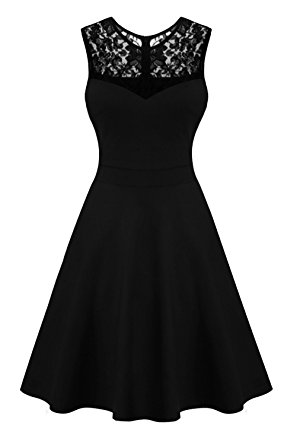 Newbely Women Sleeveless Lace Floral Round Neck Vintage Retro Cocktail Swing Dress